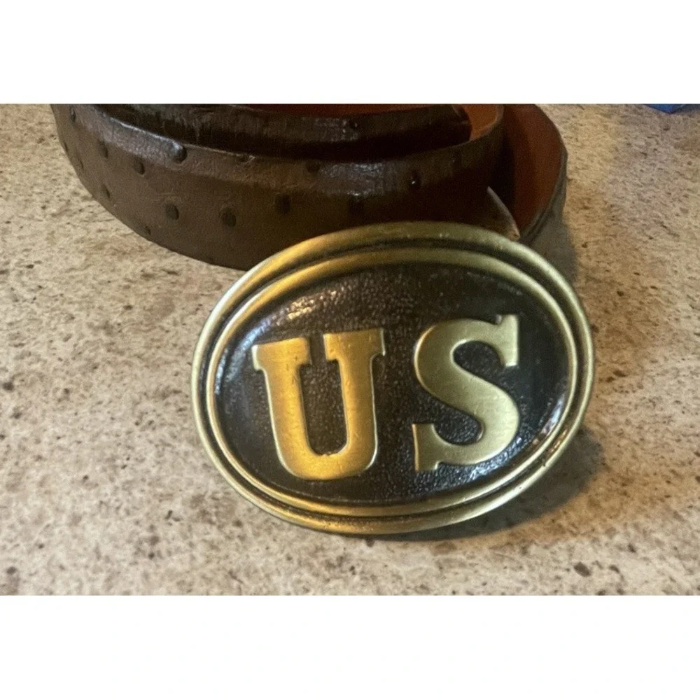 VTG James Reid Ostrich Leather Belt Western Style Brown US Metal Buckle Sz 36